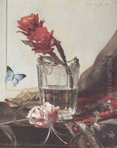A Still Life With A Flowering Cactus In An Etched Crystal Cooler And A Butterfly Against A Gold-trimmed Wall