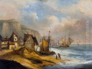 Felsige Kuste Mit Segelschiffen Und Dorf