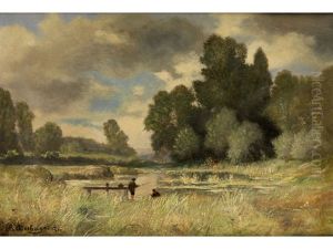Moorlandschaft Mit Zwei Anglern An Einem Holzsteg