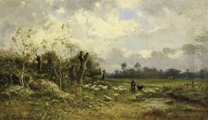 Schafer Mit Seiner Herde Am Waldrand