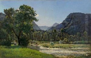 Paysage De Vallee Animee De Promeneurs Et De Vaches by Charles Felix Edouard Deshayes
