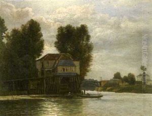 Barques De Pecheurs Sur Un Fleuve by Charles Felix Edouard Deshayes