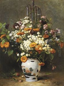 Bouquet D'asters Et De Soucis Dans Un Vase Chinois