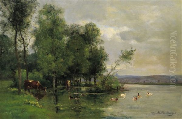Flusslandschaft Mit Kuhen Und Enten - view 1