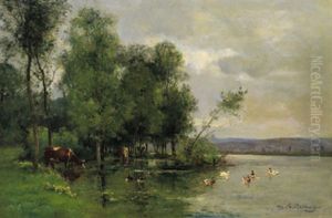 Flusslandschaft Mit Kuhen Und Enten