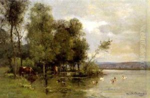 Fluslandschaft Mit Kuhen Und Enten
