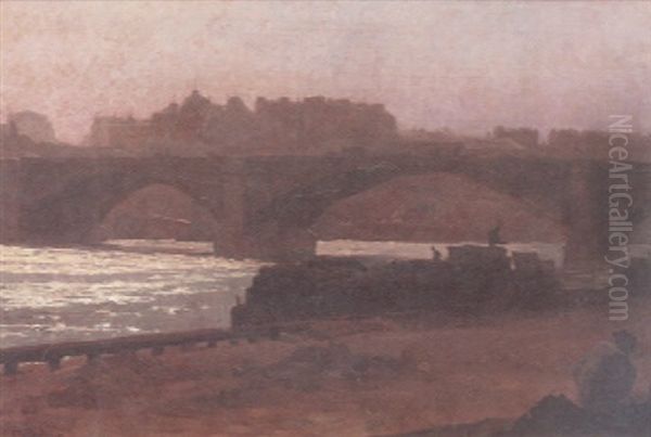 A View Of A Bridge And A Barque At The Quay With A Figure Seated In The Foreground And A View Of A City Beyond - view 1