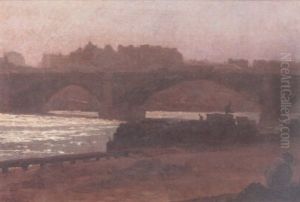 A View Of A Bridge And A Barque At The Quay With A Figure Seated In The Foreground And A View Of A City Beyond by Charles Felix Edouard Deshayes