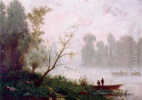 Dunstige Fluslandschaft Mit Fischerbooten Und Angelegtem Nachen - view 1