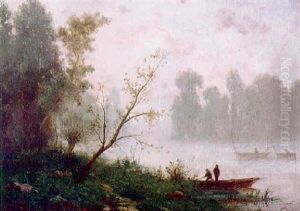 Dunstige Fluslandschaft Mit Fischerbooten Und Angelegtem Nachen by Charles Felix Edouard Deshayes