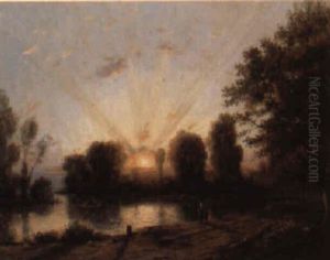 A Wooded Landscape At Sunset With Figures By A Pond by Charles Felix Edouard Deshayes