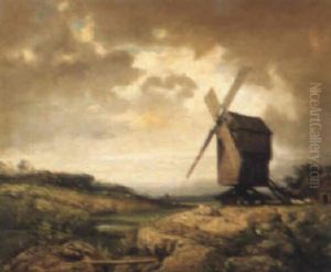 A Landscape With Windmill by Charles Felix Edouard Deshayes