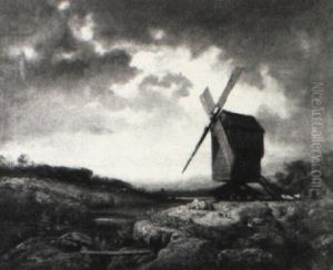 Landscape With Windmill And Figures by Charles Felix Edouard Deshayes