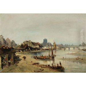 Maisons De Pecheurs Au Bord D'une Riviere by Eugene F. A. Deshayes