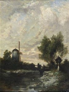 Moulin Au Bord De La Riviere Animee De Personnages by Eugene F. A. Deshayes