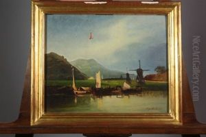 Barques A Voiles Sur Un Canal Hollandais by Eugene F. A. Deshayes