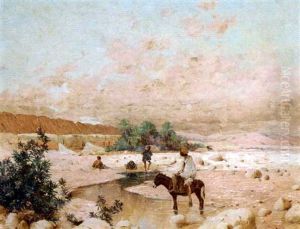 Enfants Et Ane Au Bord De L'oued by Eugene F. A. Deshayes