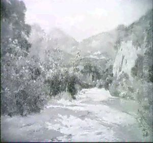 Gebirgslandschaft Mit Bluhenden Oleanderstrauchern Vorn Gebirgslandschaft Mit Bluhenden Oleanderstrauchern Vorn