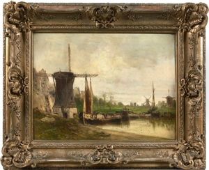 Moulins Sur Un Canal En Hollande by Eugene Deshayes