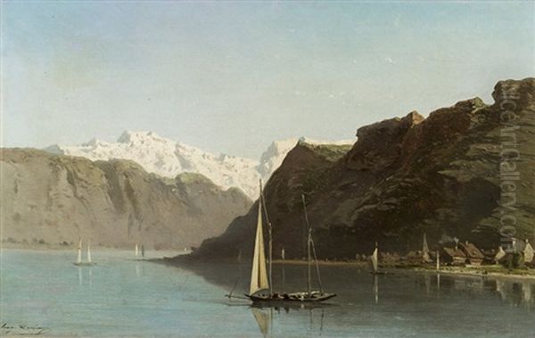 Mountain Lake With Fishing Boats - view 1