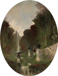 Romantic Landscapes With Fountain And Windmill (+ Another; Pair)