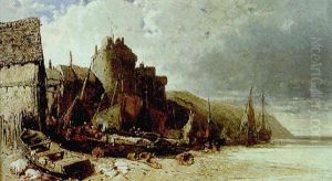 Village Et Falaises En Bord De Mer by Eugene Deshayes