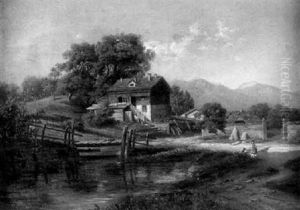 Landschaft Mit Bauernhaus Und Einer Viehtranke Im Vordergrund by Eugene Deshayes
