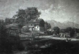 Farm Landscape With Figures by Eugene Deshayes