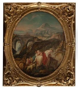 The Pastoral Scene At The Bridge Circa by Jean Baptiste Henri Deshays