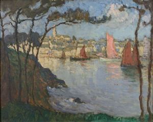 Voiles Rouges Dans Le Port by Louis Marie Desire-Lucas