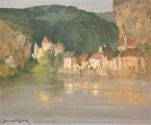 Village Et Chateau A La Riviere Huile Sur Toile