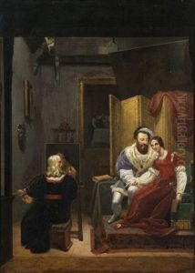 Leonard De Vinci Peignant Francois Ier Et Sa Maitresse by Francois Barthelemy Augustin Desmoulins