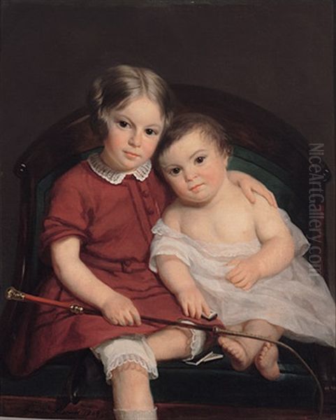 Reizendes Portrait Zweier Kinder Auf Einem Armlehnstuhl, Ausdrucksvoll Charakterisiert - view 1