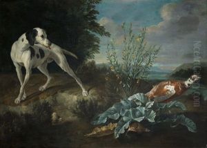A Pointer Beside A Pheasant In A Landscape