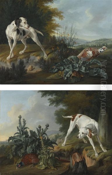 A Pointer Poised In Front Of A Pheasant And A Partridge, Set In An Extensive River Landscape; A Pointer Beside A Peasant And Foliage, Set In A Landscape - view 1
