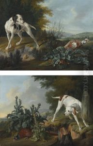 A Pointer Poised In Front Of A Pheasant And A Partridge, Set In An Extensive River Landscape; A Pointer Beside A Peasant And Foliage, Set In A Landscape by Alexandre-Francois Desportes