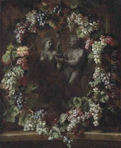 A Wreath Of Grapes Surrounding A Statue Of Bacchus Holding A Thyrsus With Ceres by Alexandre-Francois Desportes