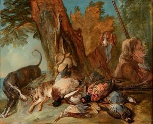 Deux Chiens Gardant Du Gibier Et Chasseur Dans Un Paysage by Alexandre-Francois Desportes