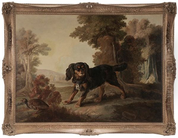 Spaniel And Partridge In A Country Landscape - view 1