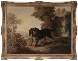 Spaniel And Partridge In A Country Landscape by Alexandre-Francois Desportes