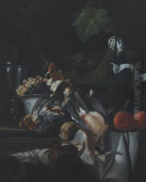 Still-life Of Birds, Grapes In A Blue And White Porcelain Bowl, And A Facon De Venise On A Stone Ledge, A Spaniel To The Foreground - view 1