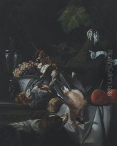 Still-life Of Birds, Grapes In A Blue And White Porcelain Bowl, And A Facon De Venise On A Stone Ledge, A Spaniel To The Foreground by Alexandre-Francois Desportes