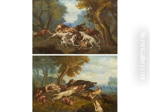 The Wild Boar Hunt; Together With A Painting Of A Similar Subject (pair) by Alexandre-Francois Desportes