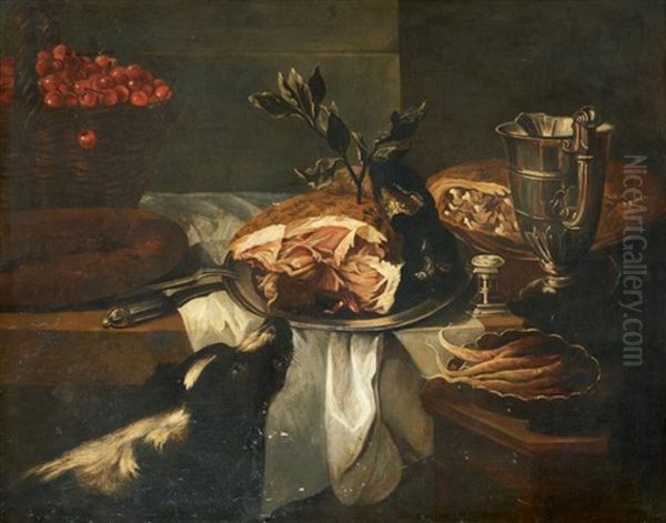 Chien Flairant Un Jambon Pose Sur Un Entablement A Cote D'un Panier De Cerises Et D'une Aiguiere En Argent - view 1
