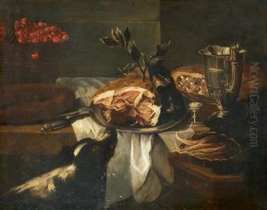 Chien Flairant Un Jambon Pose Sur Un Entablement A Cote D'un Panier De Cerises Et D'une Aiguiere En Argent