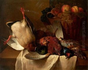 Canard Col Vert Pendu Par Une Patte, Faisan, Perdreau Gris Et Corbeille De Fruits Sur Un Entablement