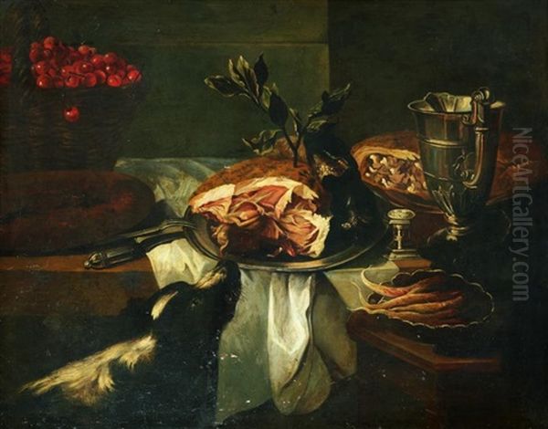 Chien Flairant Un Jambon Pose Sur Un Entablement A Cote D"un Panier De Cerises Et D"une Aiguiere En Argent - view 1