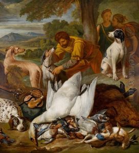Ein Jagdpage Mit Erlegtem Wild Und Jagdhunden In Weiter Landschaft, Beobachtet Von Zwei Nymphen