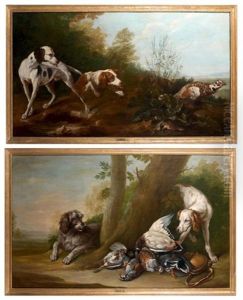Deux Chiens En Arret Devant Un Faisan, Deux Chiens Gardent Le Gibier (pair) by Alexandre-Francois Desportes