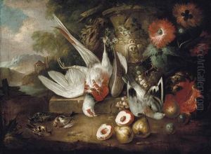 A Pheasant And A Pigeon On A Stone Ledge Beside A Sculpted Urn, Other Birds And Pears, Peaches, Plums And Flowers In A Landscape